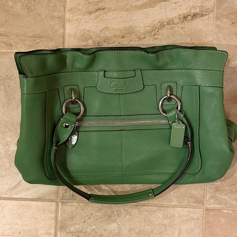 Coach Penelope Carry All Large Pebbled Leather Green Satchel.